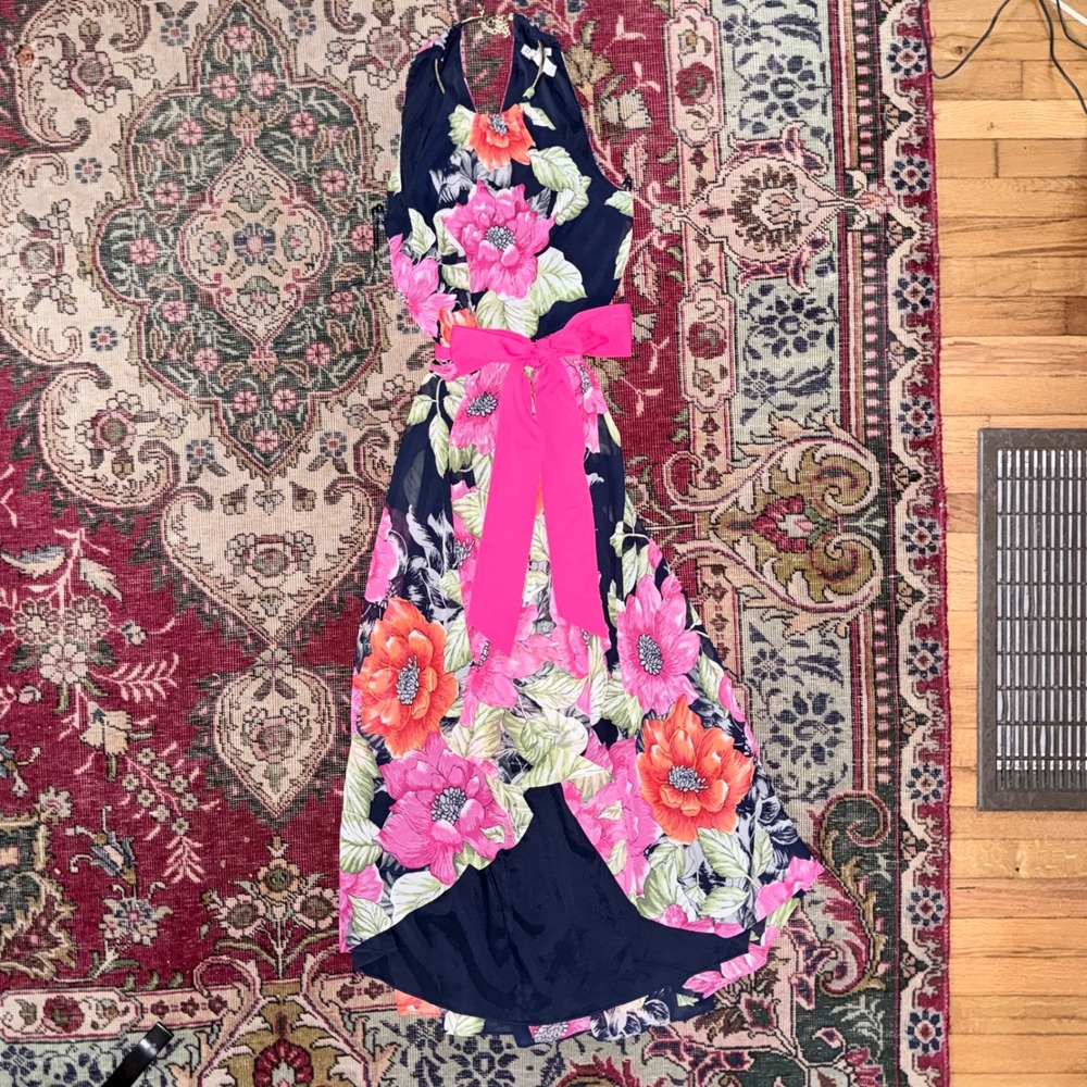 Eliza J Floral Maxi Dress Womens Size 6 Navy Pink Excellent High Low Halter Neck